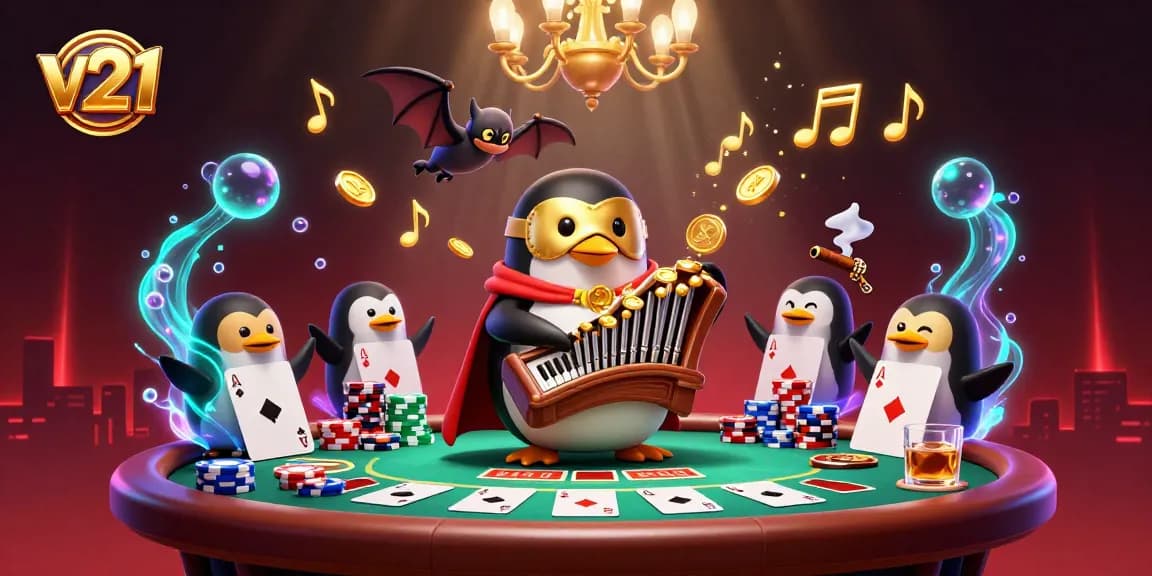 Permainan penuh kesenangan di v21 saat penguin opera 3D menampilkan slot dan kartu poker bersama