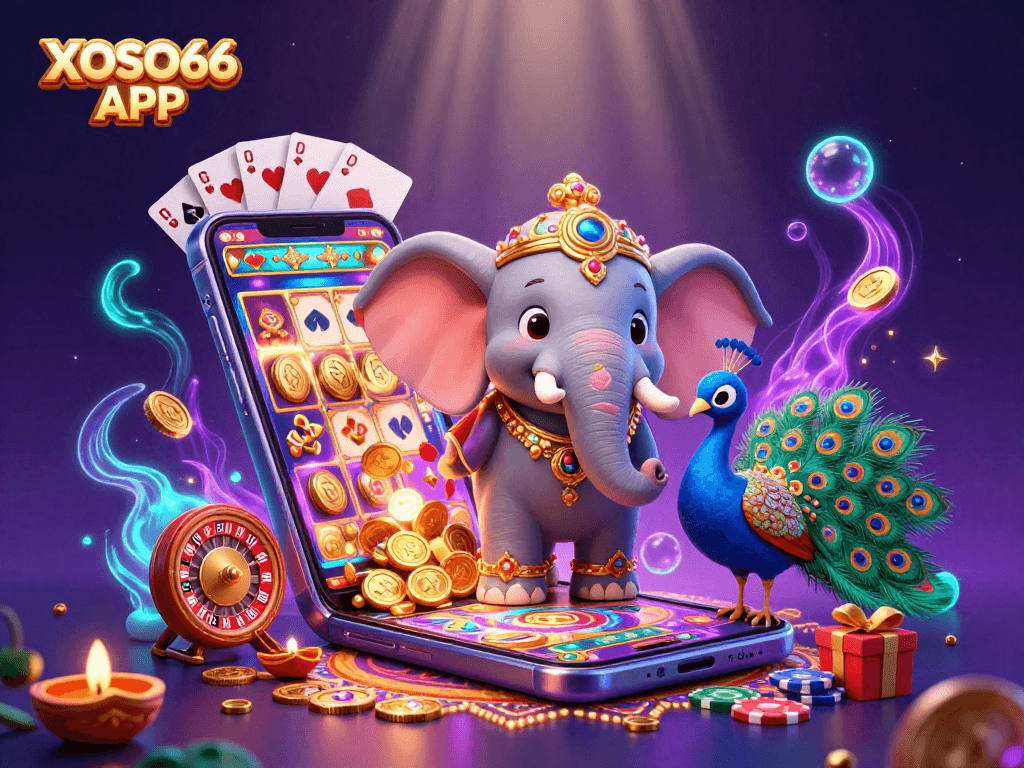 XOSO66 APP showcases an engaging 3D digital illustration of a casino scene featuring a vibrant elephant and peacock, with interactive game elements.