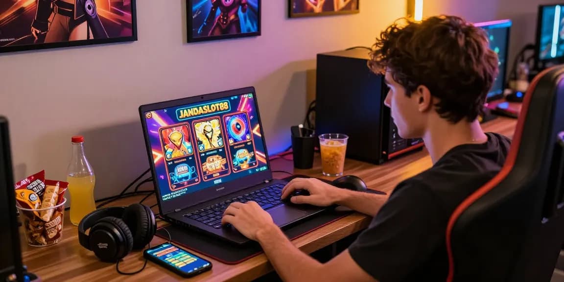 Pengguna JANDASLOT88 menikmati permainan slot online di ruang bermain modern dengan laptop dan makanan ringan.