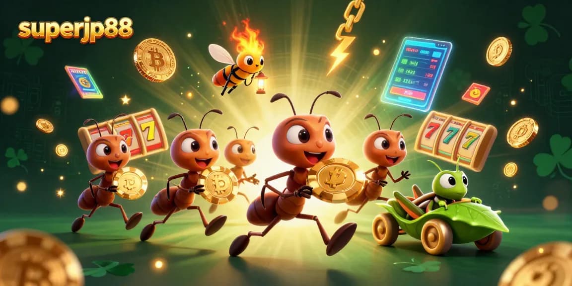 Experience superjp88’s thrilling casino adventure with ants carrying a giant poker chip amidst slot reels.