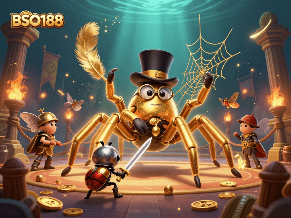 Engaging BSO188 illustration showcasing a golden tarantula and beetle knight in a vibrant casino scene.