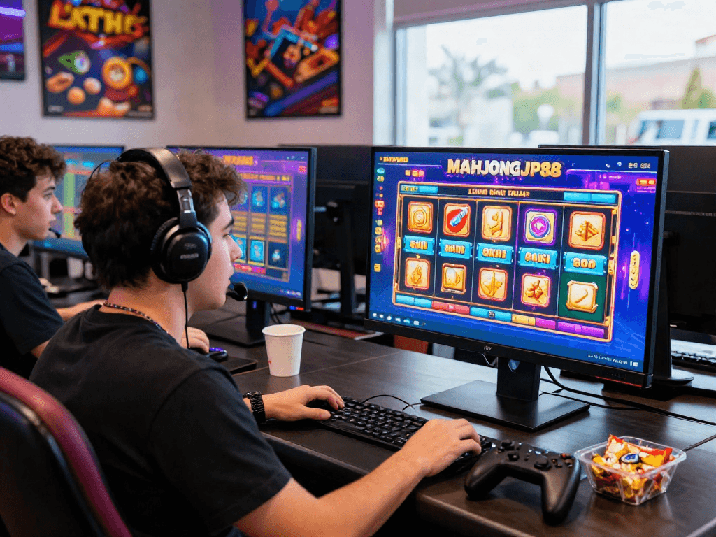 Exciting scene of a player enjoying Slot MAHJONGJP88 on a vibrant gaming setup