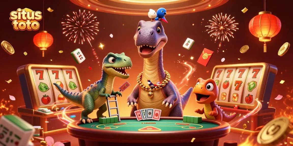 Gambar situs toto dengan dinosaurus 3D yang mengawasi permainan kartu poker di kasino.