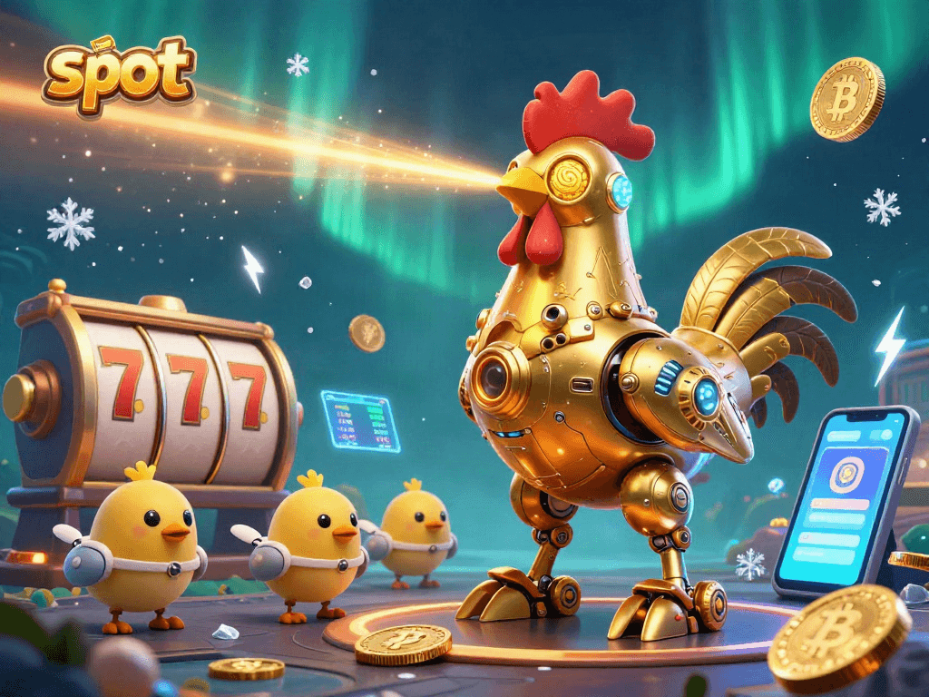 Menggandeng slot, robot ayam jantan berkilauan dan drone anak ayam terbang di lautan crypto yang cerah.