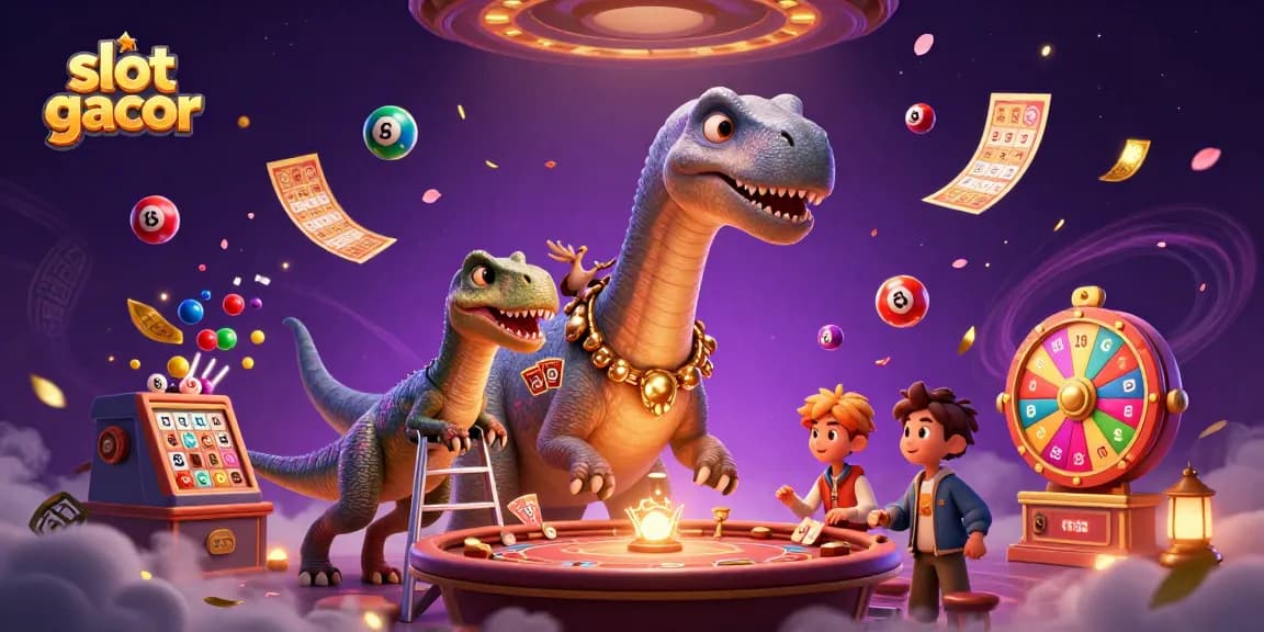Engage with slot gacor themes as a brontosaurus peers through a casino, showcasing vibrant game elements.