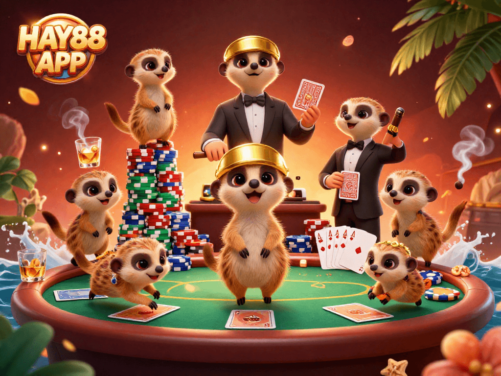 Experience thrilling gaming at HAY88 APP with lively meerkats leading a vibrant casino operation.