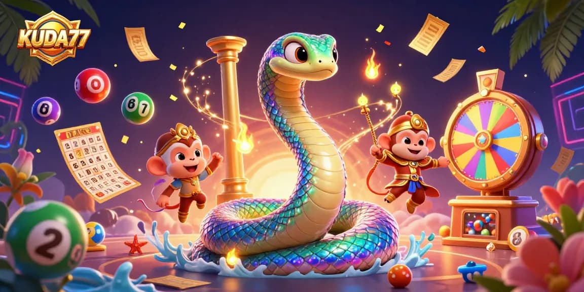 Kuda77 menghadirkan ilustrasi kasino 3D yang hidup dengan simbol-simbol kemenangan berwarna-warni.