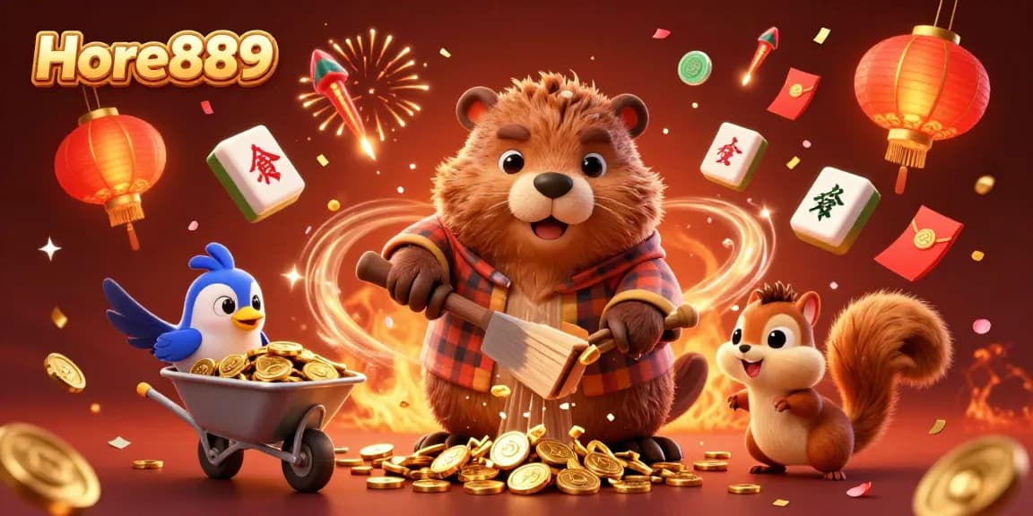 Engage with exciting games at Hore889 as our beaver character chops a gold coin tree, celebrating winnings.