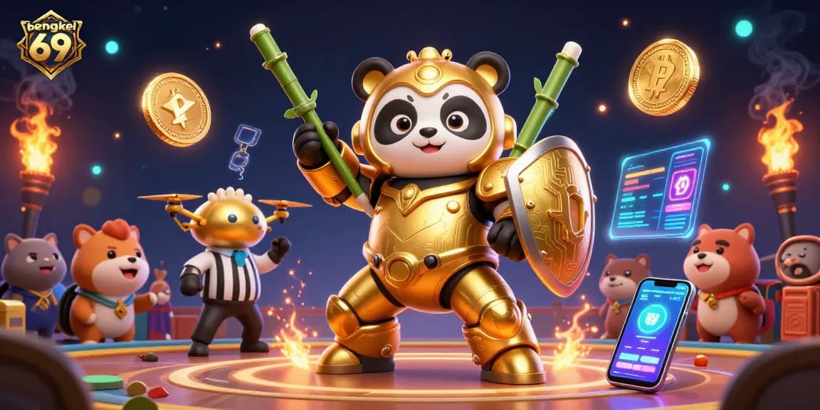 Bengkel 69 showcases an exhilarating 3D illustration of a golden panda in a mech suit surrounded by cryptocurrency elements, enhancing the online gaming experience.