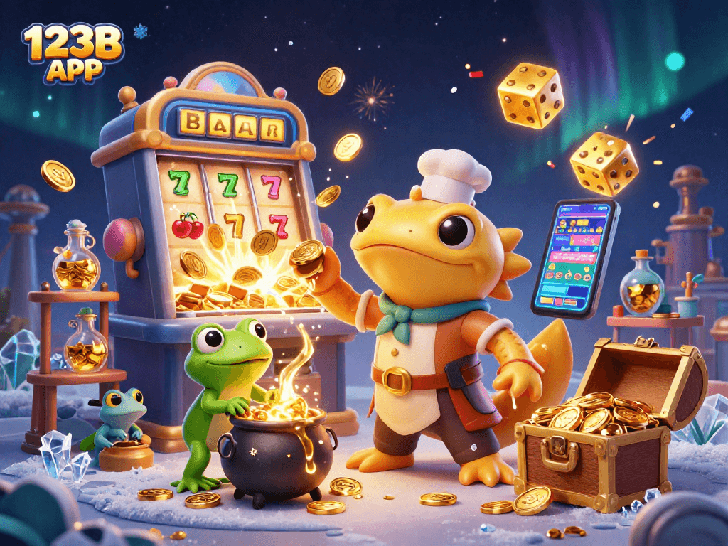 Spin jackpots and enjoy the excitement of the 123B APP with gold coins, slot machines, and festive visuals.