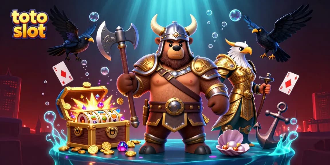 Gambarkan pengalaman menang di toto slot dengan karakter Viking dan harta karun yang berkilauan.