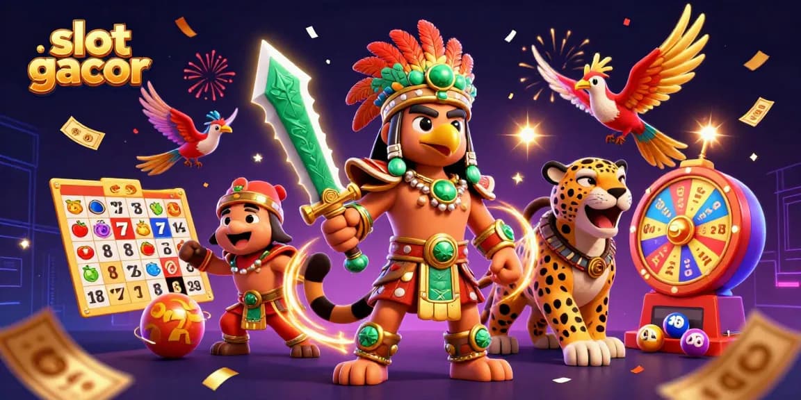 Engage with slot gacor in a vibrant 3D illustration featuring Aztec warriors and thrilling casino elements.
