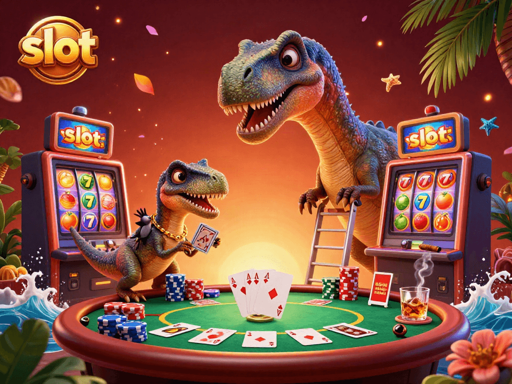 Experience the thrill of slot machines in action with dinosaurs dealing cards in this lively casino scene.