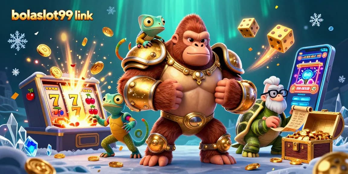 Bolaslot99 link showcases a vibrant 3D casino scene with a gorilla king, chameleon, and tortoise that captivates players.