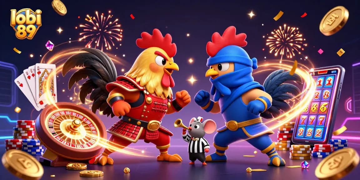 gambar lobi 89 menampilkan ayam jantan bertarung dengan suasana kasino yang meriah