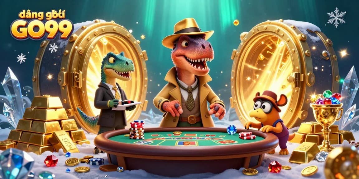 Register for GO99 while enjoying a thrilling 3D cartoon casino scene with vibrant dinosaurs.