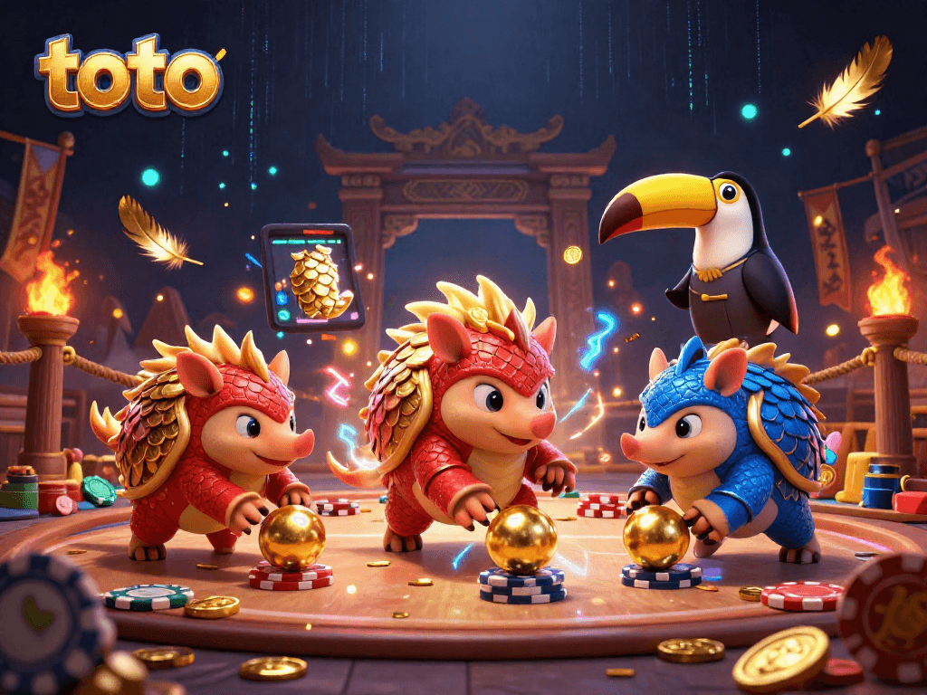 Rival pangolins bermain toto dengan dadu emas dan chip poker di arena kasino.