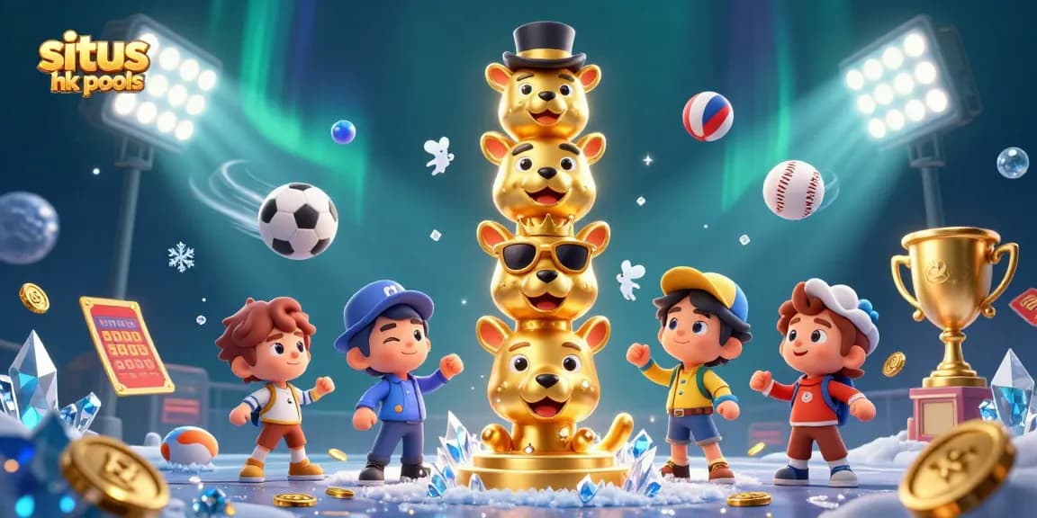 Permainan situs hk pools dengan totem berkepala hewan dan elemen taruhan di latar belakang.