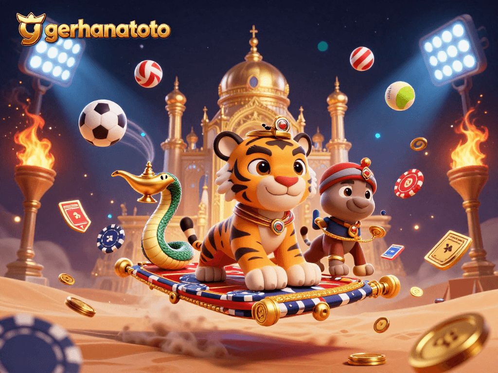 Gerhanatoto menampilkan sultan harimau di atas karpet poker, dikelilingi bola olahraga dinamis dan elemen taruhan.