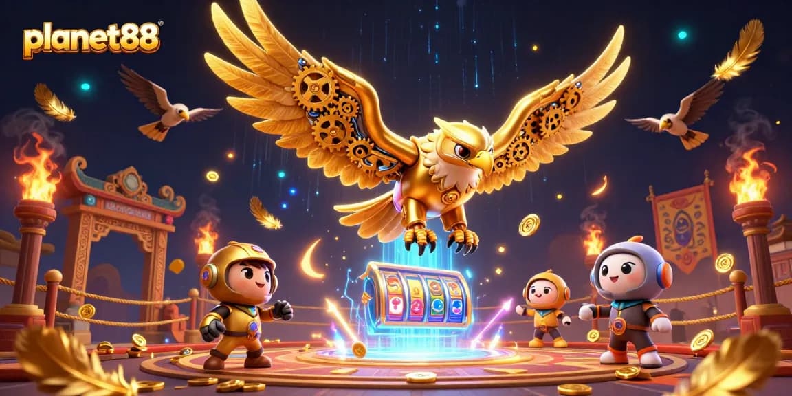 Engage with planet88's thrilling slot adventures featuring a cybernetic golden eagle soaring through holographic reels.