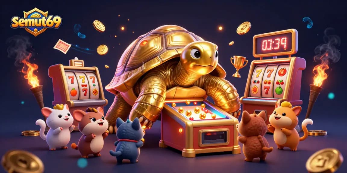 Permainan slot menarik di semut69 dengan kura-kura emas dan simbol kemenangan.