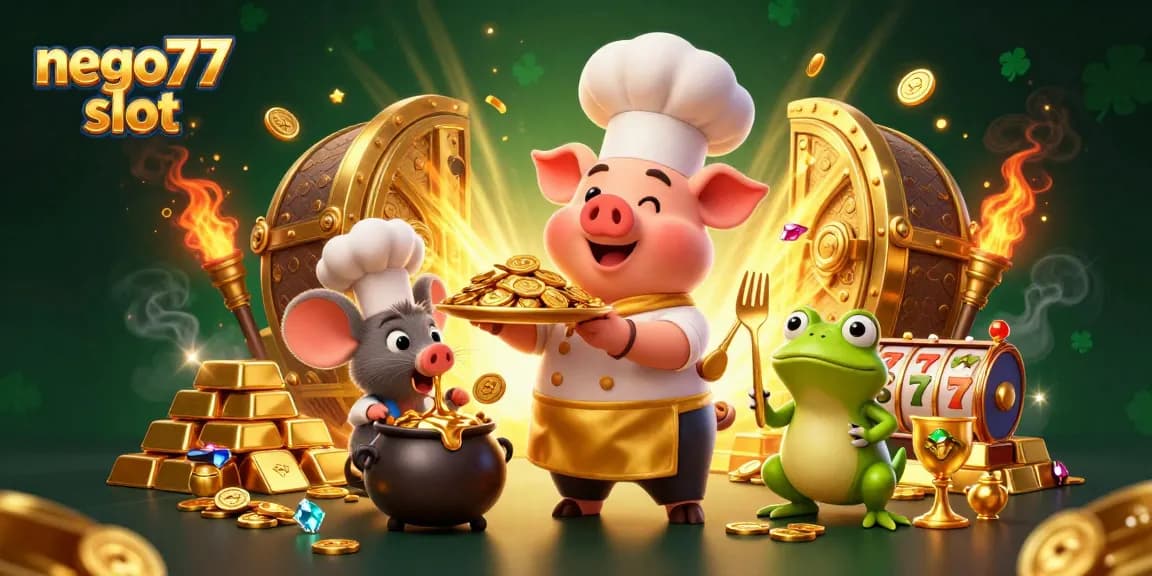 Experience the thrill of nego77 slot with a dynamic scene featuring a chef pig serving gold coins amidst slot reels.