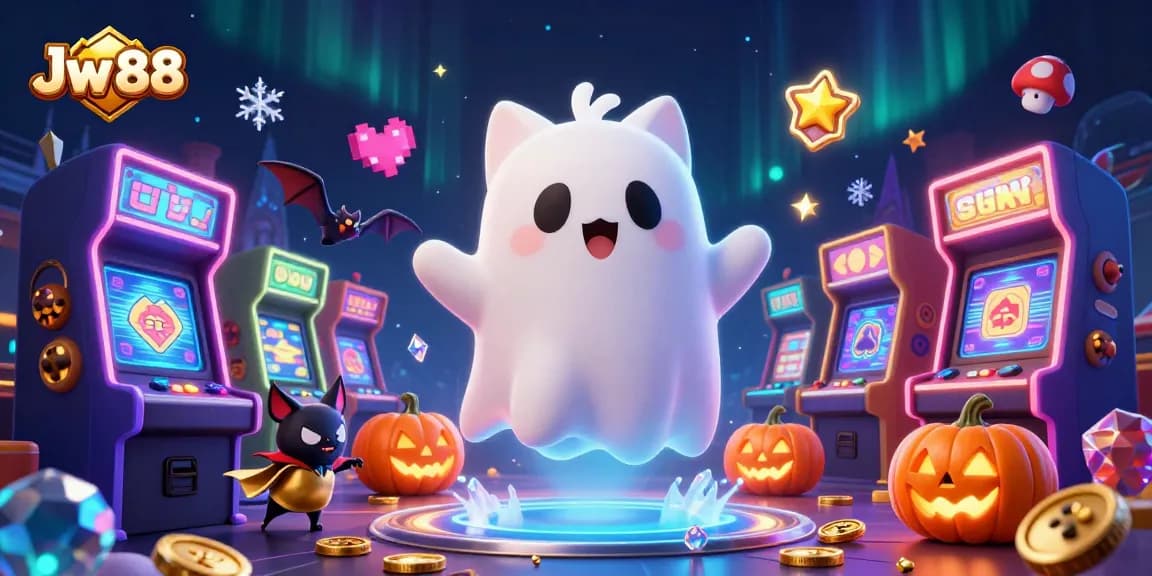 Engage in Jw 88 casino fun with a ghost cat amid vibrant gaming elements in a haunted mansion.
