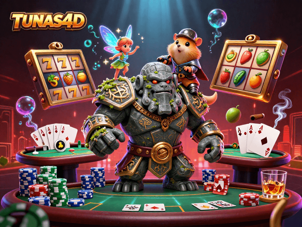 TUNAS4D features an enchanting scene with a magical golem, fairy, and hamster knight amidst vibrant slot elements.