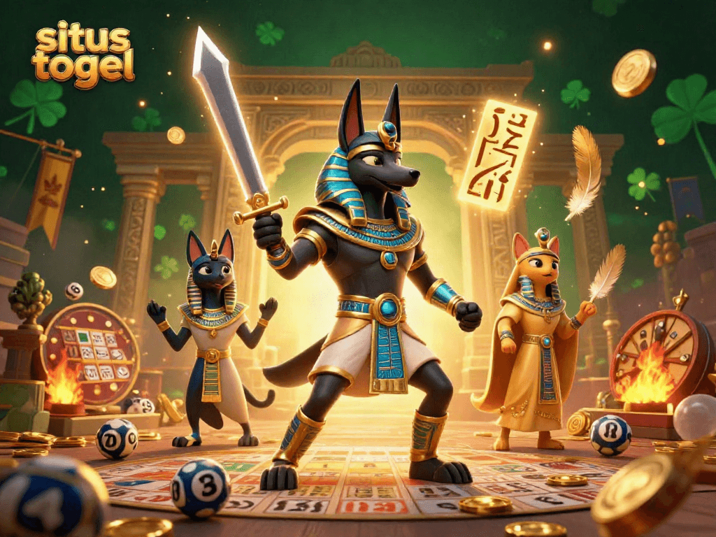 Situs togel menampilkan Anubis dan Bastet dalam desain 3D, dikelilingi bola nomor dan kartu bingo.