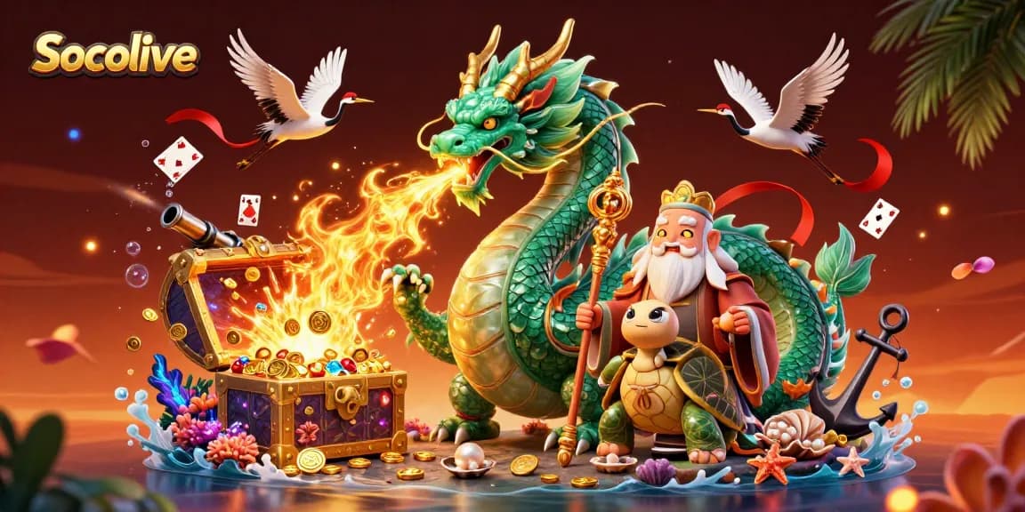 Socolive showcases a vibrant gaming scene with a powerful jade dragon and lucky cranes.