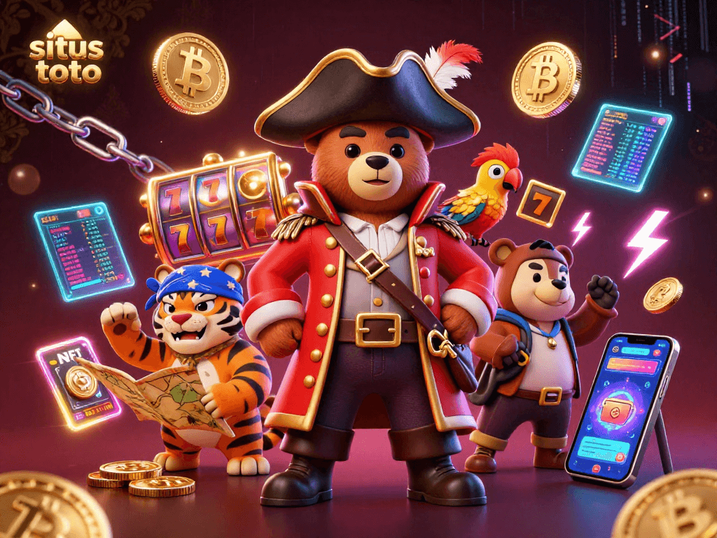 Menggandakan kesenangan di situs toto dengan ilustrasi 3D kartun kapten beruang bajak laut dan teman harimau.