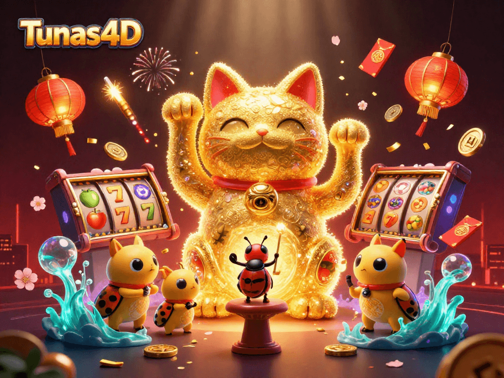 Tunas4D spins to victory with a vibrant illustration of a lucky cat surrounded by animated casino symbols.