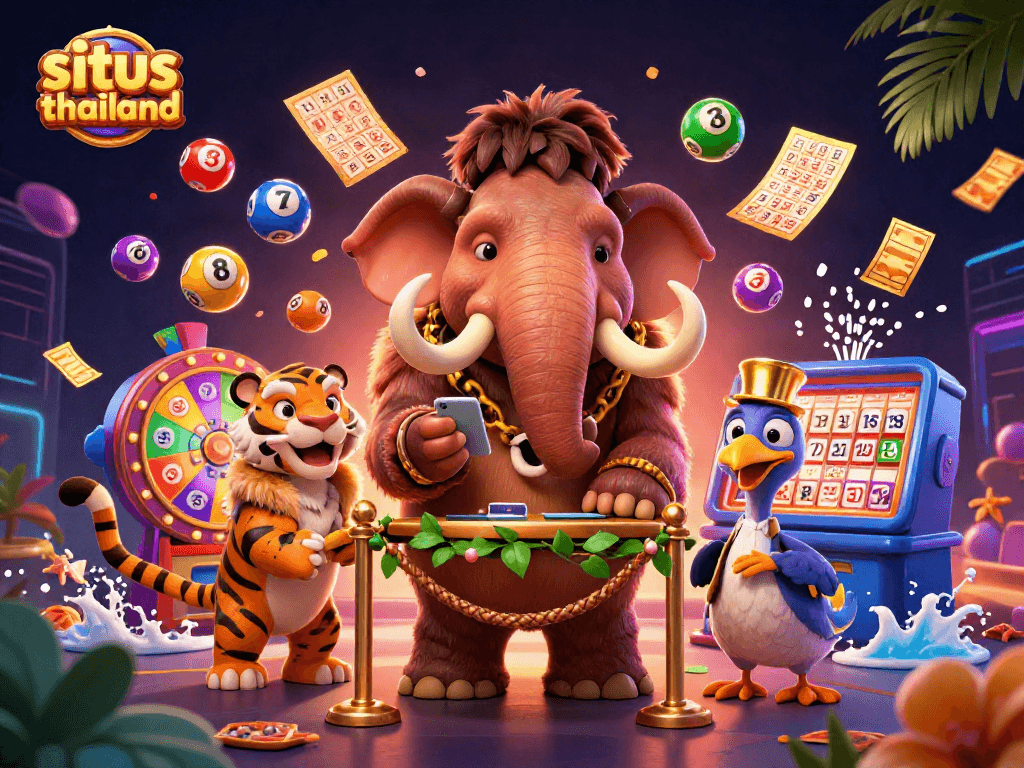 Engage with situs thailand: vibrant 3D casino scene full of colorful lottery elements and animated characters.