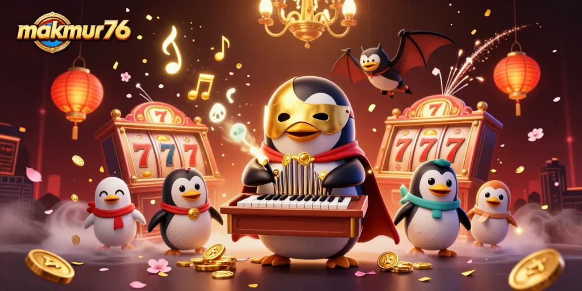 Experience makmur76 with the phantom penguin and lucky slot reels in this vibrant 3D casino scene.