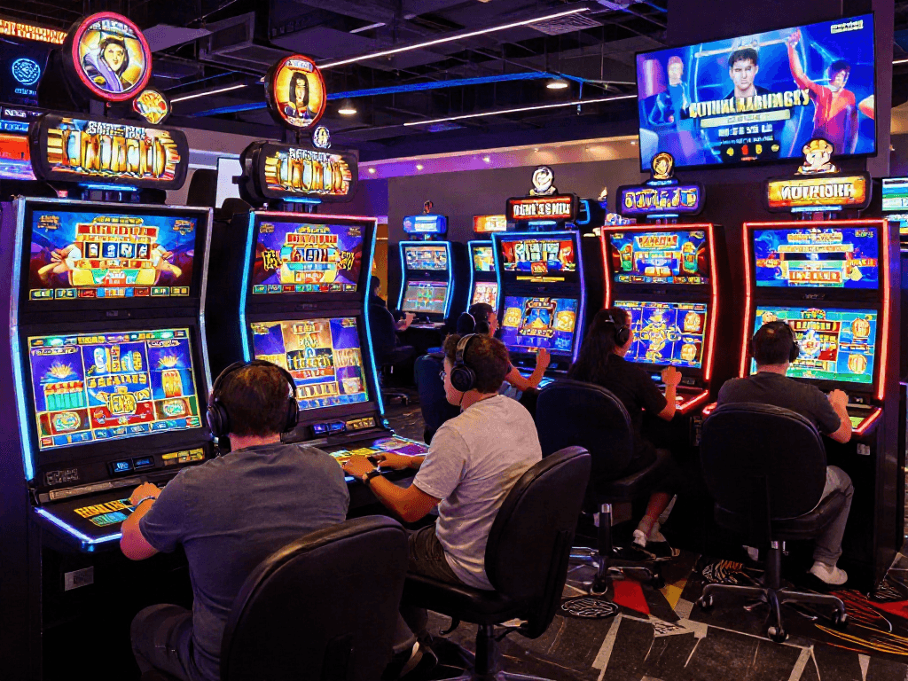 Pengalaman bandar slot online dengan pemain beragam merayakan kemenangan di kasino virtual yang cerah.