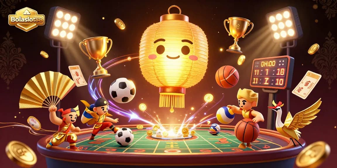 Bolaslot88 sports betting scene featuring dynamic sports balls and golden elements enhancing the thrill of gambling.