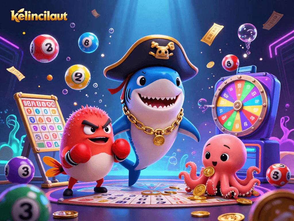 Spin and win with kelincilaut as a pirate shark, pufferfish, and octopus celebrate in a vibrant gaming scene.