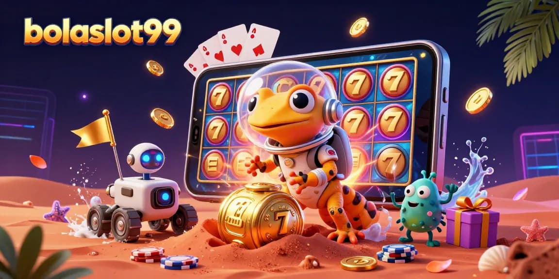 Bolaslot99 showcases an adventurous Martian gecko discovering a golden casino amidst vibrant game elements.