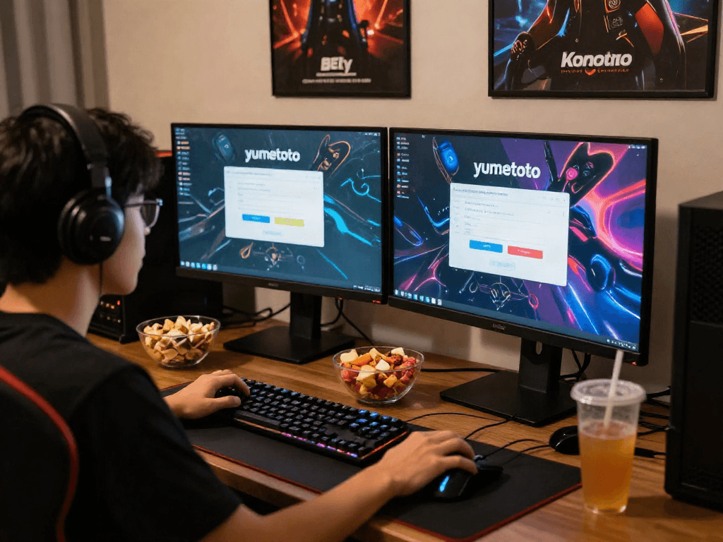 Pengguna memasuki yumetoto login di desktop gaming dengan monitor ganda dan peralatan gaming.