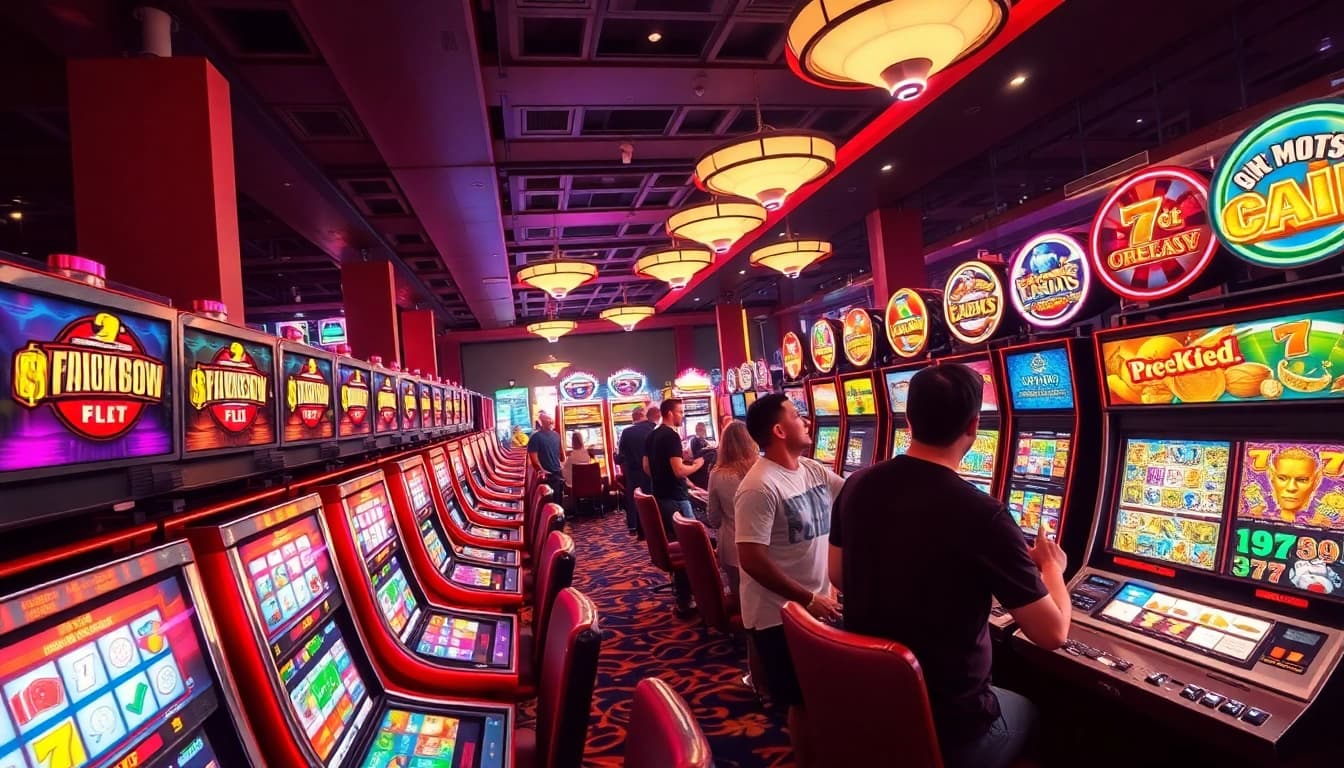 Akses emasputihtoto login dengan informasi menarik di area mesin slot casino yang ramai.