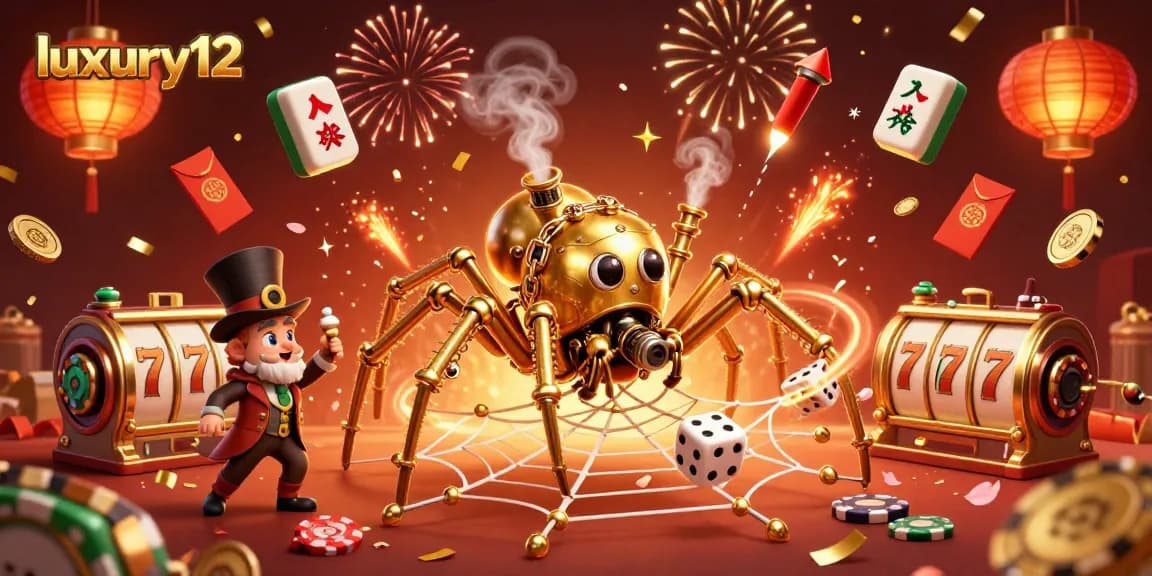 Experience luxury12 with an engaging 3D casino scene featuring steampunk elements, golden spider, and lively decorations.