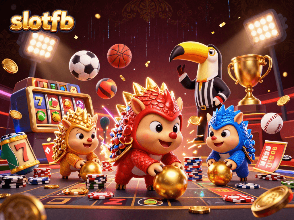 Experience slotfb's exciting gameplay with rival pangolins battling in a colorful casino scene filled with slot elements.