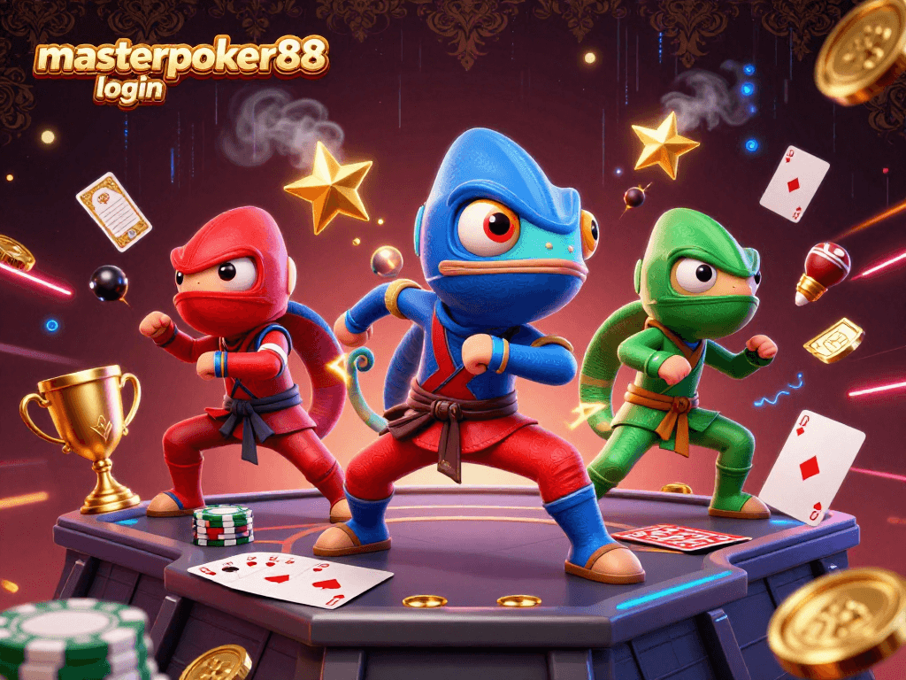 masterpoker88 login: Tim ninja chameleon melawan dealer poker di rooftop dengan efek neon.
