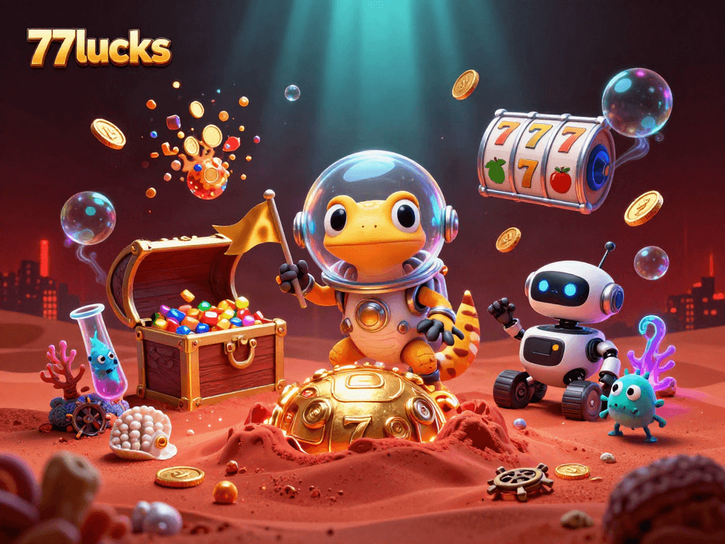 77lucks menghasilkan koin emas berlimpah di kasino Mars, dengan gecko Martian dan robot sahabat.