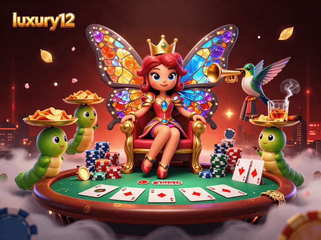 Play and win at luxury12 with a vibrant 3D casino scene featuring playful casino characters and games.