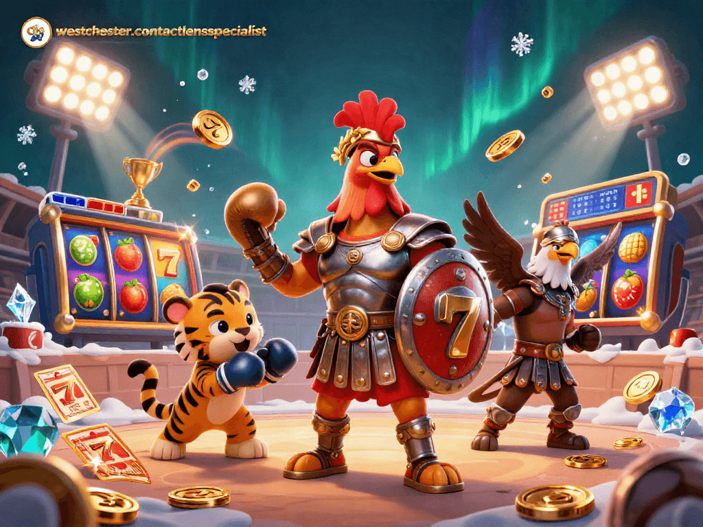 Win exciting jackpots with westchestercontactlensspecialist in a dynamic casino scene featuring a rooster warrior.