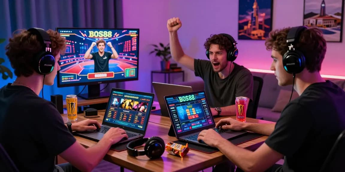 Pemain dalam suasana gaming online bersemangat sambil mencari BOS88 Daftar di laptop dan tablet dalam ruang tamu yang cerah.