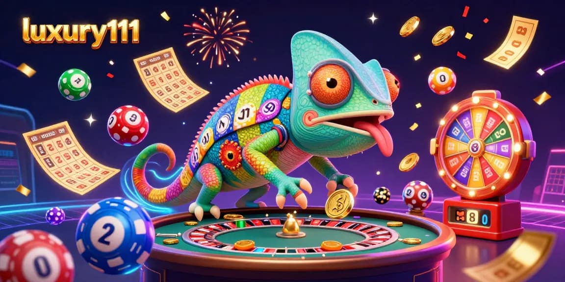 Engage with luxury111 at the dynamic casino scene with a colorful chameleon, lottery balls and golden tickets.