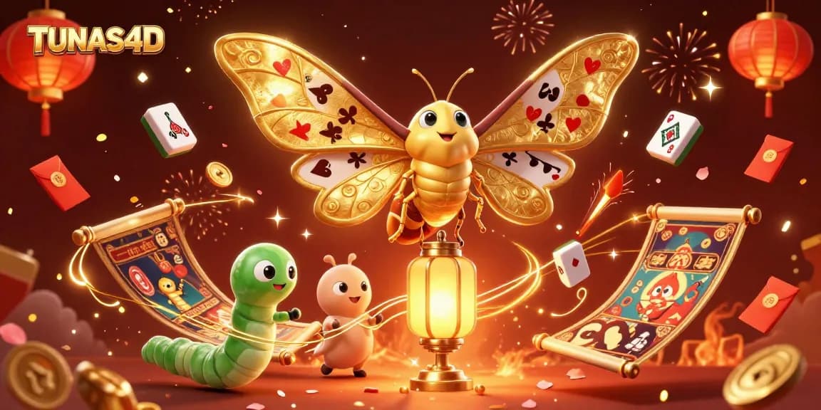 Engage with TUNAS4D's vibrant casino scene of an atlas moth, golden lanterns, and festive elements.
