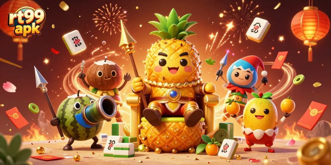 Experience the action with rt99 apk through vibrant casino-themed 3D art depicting a tropical king.
